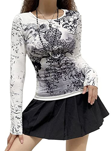 Camisa gótica para mujer, de manga larga, vintage, con estampado cruzado, cuello redondo, blusa estética delgada, recortada, ropa grunge, Gris#2, S