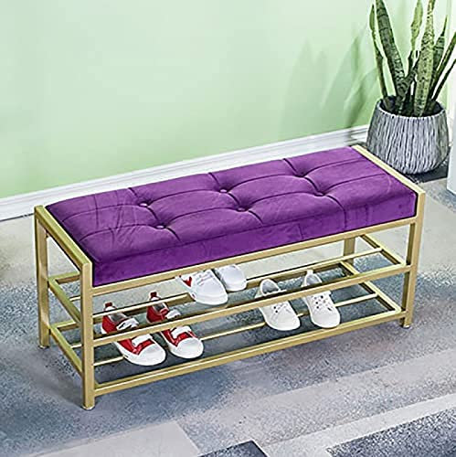 Moderne Schuhbank, Schuhorganisator, Sitzbank aus Samt, Eingangsbank mit goldenem Schuhregal, Schuhregal, Lila, 120 x 35 x 45 cm