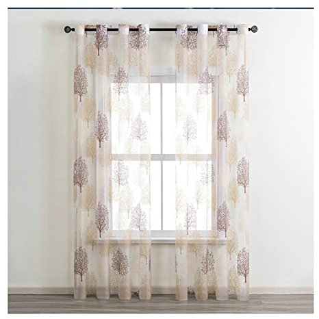 Lieson Tüll Gardinen Modern Wohnzimmer 2er Set, Polyester Vorhang Lichtdurchlässig mit Ösen Bäume Vorhänge Schlafzimmer Braun Gelb 132x244CM