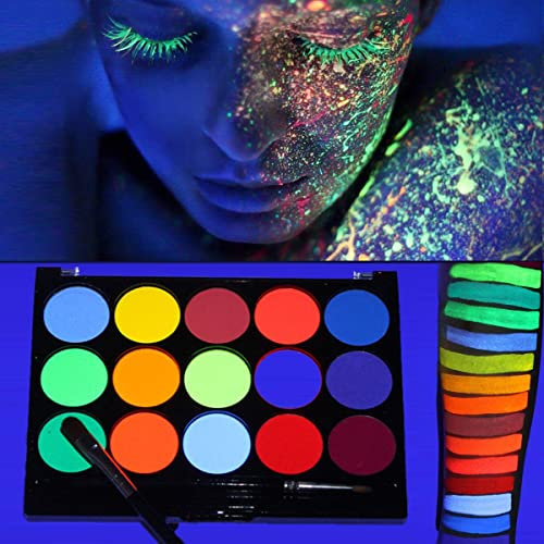 KARLOR Körperfarbe fluoreszierend, 15 Farben Bodypaint mit Pinsel,Gesichtsfarbe leuchtend in UV Licht,Neon Glow Bobypainting Körperbemalung Facepaint wasserlöslich Malerei Party Halloween Cosplay