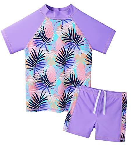 ZNYUNE Girls 2PCS Swimsuit Short Sleeve Kids BeachSwimming Set Costume for 3-12Years