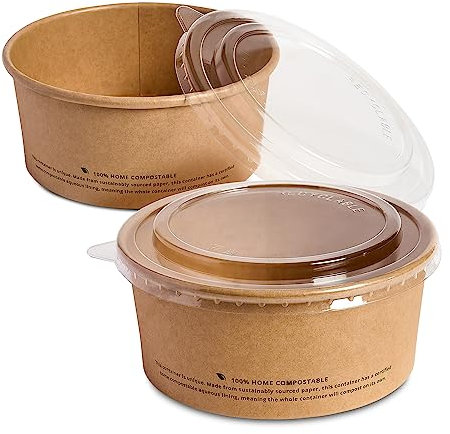DISPOSABLE GREEN - NEXTGEN Kraft Paper Bowls, Food/Salad Bowl with RPET Clear Lid, Leakproof-&-Oil-Proof Soup Containers, Ice Cream Tubs, Repulpable & Disposable Bowls, 26oz/750ml, 50 Pieces