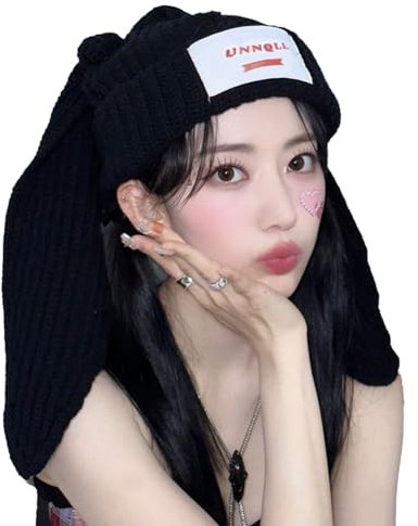 UNNQLL Modische süße Mütze, gehäkelt, gestrickt, warm, Winter, Schnee, Hase, Ohr, Beanie, Cosplay, Weihnachten, Party, Geschenk für Mädchen und Frauen, Schwarz, Groß