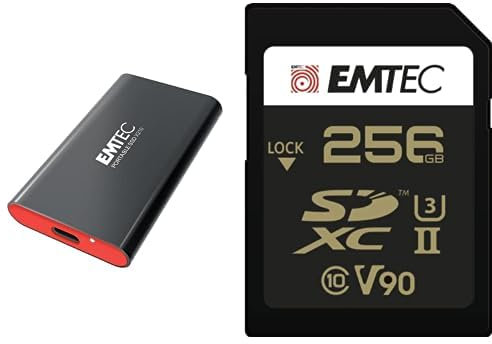 Emtec - Pack création : Disque SSD Externe USB 3.2 X210 256Go + Carte SDXC UHS-II U3 V90 SpeedIN Pro+ 256 Go - Pack De 2