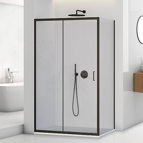 Box doccia angolare 70x140 cm nero opaco H 195 cm, parete fissa e anta scorrevole con vetro trasparente e installazione reversibile, Tay