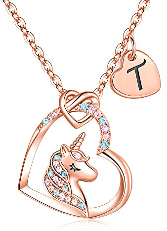 TINGN Cadeaux Licorne pour Filles Collier en Or Rose, Plaqué Or 14 Carats Chaîne de Lettre T Colliers Licorne pour Filles Femmes Filles Pendentif Coeur Collier Licorne Cadeaux Collier pour Filles