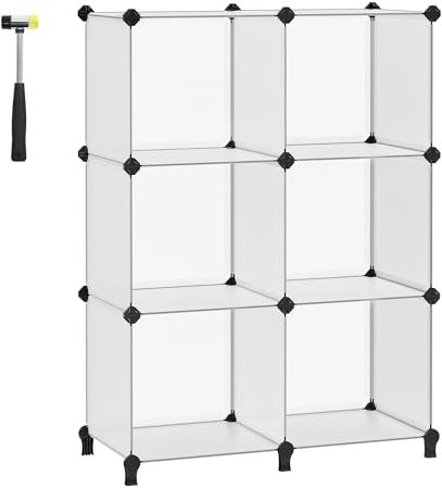 SONGMICS 6 Cube Storage Unit, Modular Plastic Cube Storage Organiser with Feet, Shoe Rack, Each Cube 33 x 37 x 33 cm, Living Room, Bedroom, Study, with Rubber Mallet, White LPC206W01