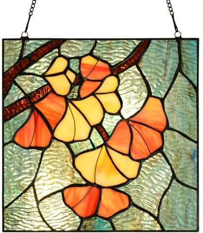 HomeBeauty PA0005 Tiffany Style Stained Glass Window Panel, Handcrafted Ginkgo Leaf Suncatcher, Hanging Decor for Window, Wall, Home, W 10 x H 10