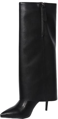 PHASZ Stivali Alti High Heels Ginocchio Tacco Alto Stivali Alti Punta Stivali Lunghi Risvolto Spillo Scarpe Eleganti Cerniera Laterale 10cm,Black,36