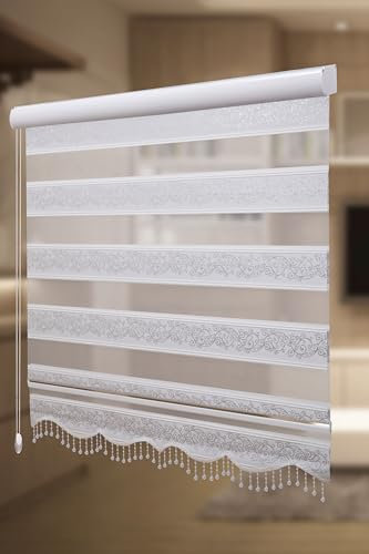 PlisseeOnline Doppelrollo Duorollo mit Alu Kassette und Motiv Rankenmuster und Perlen Breite: 100 cm Höhe: 200 cm Blickdicht Freihängend Zebra Perde Mit Motiv Weiß Silber Glitzer