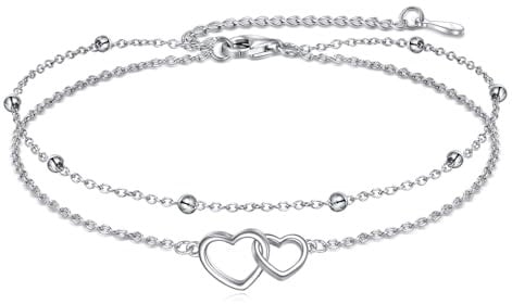 VONALA 925 Sterling Silber Herz Fußkettchen Doppelkette Schmuck für Frauen Mädchen (Double Heart)