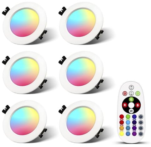 FWoche LED Einbaustrahler 230V 7W, RGBW Rund Deckenspots mit IR Fernbedienung Warmweiß 3000K kaltweiß 6000K RGB Deckenstrahler Einbauleuchte Farbwechsel Deckenleuchte Alu ultra Flach (6er-Pack)
