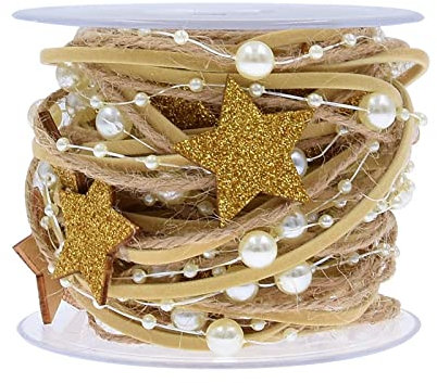 GreatRise Perlenband mit Glitzer Holz Schneeflocke Stern, Perlengirlande Geschenkband Hängedeko Dekoband für Hochzeit Weihnachten Valentinstag Taufe Geburtstags Geschenke Gold-2 Meter/Rolle