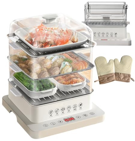 Vaporera Alimentos 3 Niveles,Vaporera Eléctrica 800 W,6 Modos Cocción,Pantalla Digital Led,con Bandejas Acero Inoxidable 3 Niveles,Un Par Guantes Aislantes del Calor,40 L