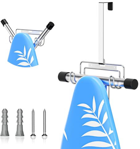 LOXSUN Ironing Board Holder Wall Mount, Laundry Rooms Iron Board Holder with Removable Hooks, Stainless Steel Iron Board Storage, Silver