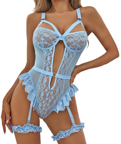 GIVTULIP Sexy Damen Body mit Strumpfbänder Hot Dessous Set Babydoll Reizwäsche Corsage Lingerie 3-Teiliges Set Body Mit Beinring und Strumpfhalter Transparent Spitzen-Bodysuit Unterwäsche Negligee