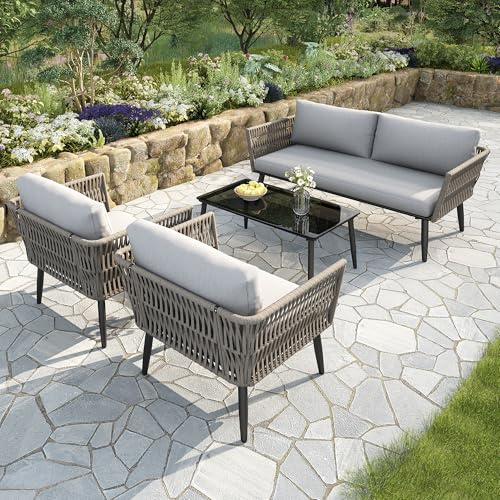 Merax Gartenlounge-Set, Terassenmöbel mit 2-Sitzer-Sofa, 2 Sessel & Couchtisch, Sitzgruppe Outdoor aus Verzinkter Stahl und PE-Seil, Schwarze Glasplatte, für Balkon, Terrasse & Garten, Grau