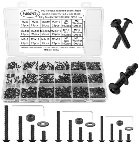 FandWay 900-teiliges Set mit Schrauben und Muttern, M2, M2,5, M3, Linsenkopf-Maschinenschrauben, ISO 7380 Inbusschrauben, 10,9 Stahllegierung, schwarze Sechskantschrauben und Unterlegscheiben