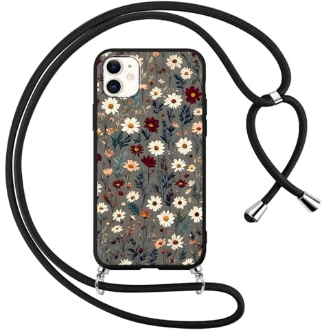 Votvloay Handyband Handyhülle für iPhone 12/iPhone 12 Pro 6,1 Hülle mit Band, Aesthetic Blumen Muster Case mit Kordel zum Umhängen, Silikon Weich TPU Bumper Stoßfest Cover für iPhone 12, Schwarz