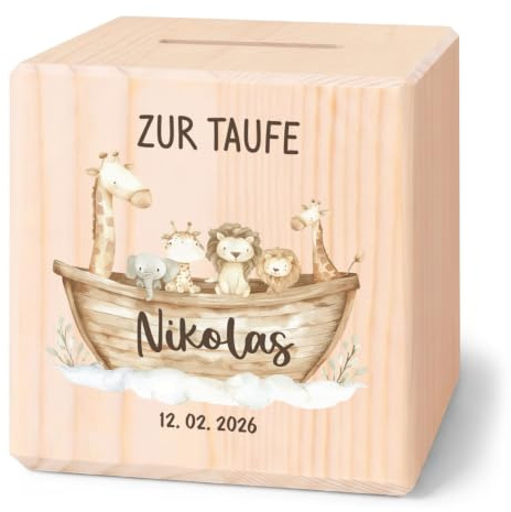 GRAVURZEILE Bedruckte Spardose aus Holz mit Metallschloss - Arche - Personalisiert mit Namen & Datum - Geschenk zur Geburt - Taufgeschenk für Mädchen & Jungen - Sparschwein für Kinder
