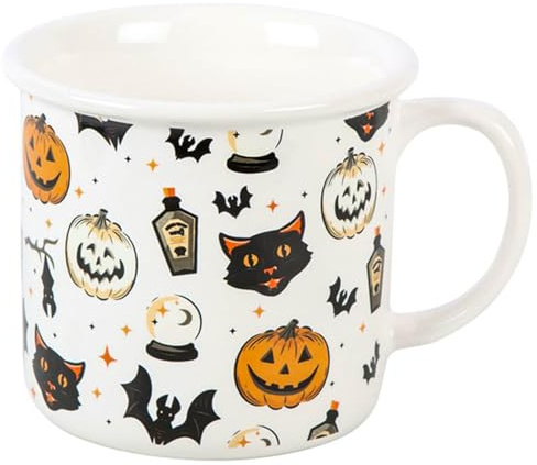 Spooky Cat and Pumpkin Print Mug Halloween Mugs Autumn Drinkware for Hot & Cold Beverages Coffee or Tea Camping Mug for Indoor Outdoor Use