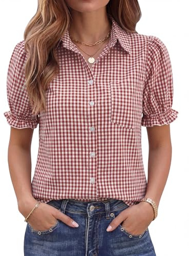 LOMON Linen Shirts for Women Puff Sleeve Button Down Blouse