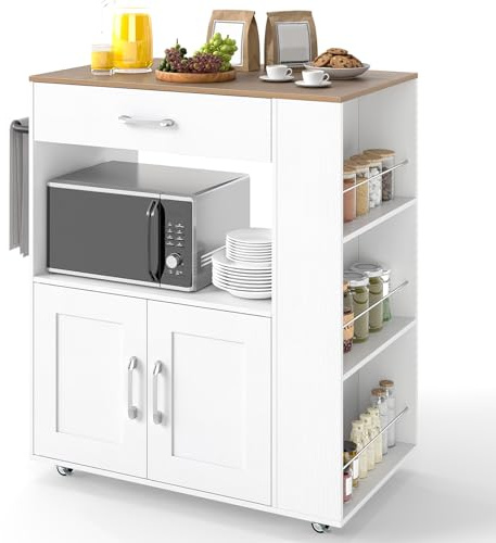 COSTWAY Küchenwagen mit Rollen, Servierwagen mit Arbeitsplatte, Schublade & 3 Gewürzregalen, mobiler Kücheninsel Holz, Mikrowellenschrank für Küche Esszimmer (Weiß,75 x 46 x 90,5 cm)