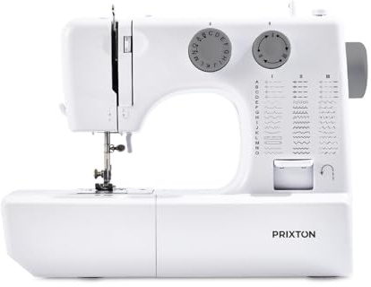 PRIXTON Nähmaschine P135, 45 Stiche, 4 Stufen Automatikknopfloch, Automatischer Einfädler, Elastischer Zickzack, zwei Geschwindigkeiten und integriertes Licht für Reparaturen und Bastelarbeiten