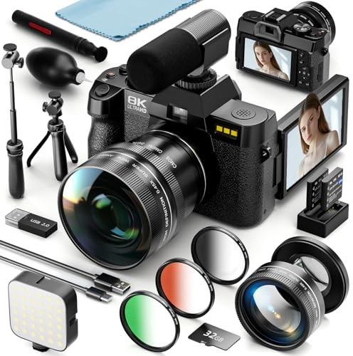 8K Digital Cameras for Photography, 64MP Vlogging Camera with 180°Flip Screen,2 Batteries, 32GB TF Card,16X Zoom, WiFi, 3 Color Filters,Microphone, Tripod, Wide & Macro Lens Kit (Black)