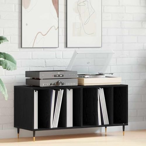 Runheo Schallplattenschrank Schwarz Eichen-Optik aus Holzwerkstoff 100 x 38 x 48 cm mit 6 Regalen für Wohnzimmer Hifi Rack Stauraum und Aufbewahrung von Schallplatten, Büchern