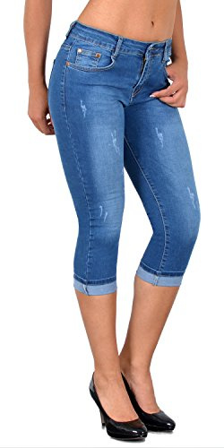 ESRA Damen Capri Jeans Hose Damen Caprihose 3/4 Jeans-Hose kurz bis Übergröße C15