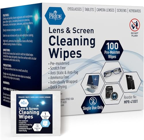 MED PRIDE Anti-Fog Lens and Screen Cleaning Wipes for Eyeglasses, Touch Screens, Premoistened, Anti-Static, Quick-Dry (200 200 Count (Pack of 1))