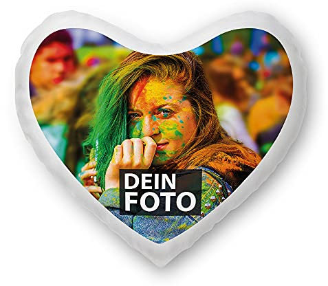 Tassendruck Foto-Kissen Selbst gestalten in Herzform - mit Foto individuell Bedruckt/aus 100% Polyester/Personalisierte Geschenk-Idee/Kopf-Kissen inkl. Füllung