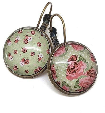 Boucles d'Oreilles Dormeuses cabochon verre fleurs style anglais - Rose & vert - Shabby Chic II