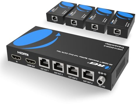 OREI 4K 1x4 HDMI Extender Splitter, multiplo su singolo cavo CAT6/7 4K @60Hz 4:4:4 HDCP 2.2 con gestione EDID - fino a 60 m - Loop Out - bassa latenza