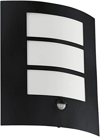 EGLO Außen Wandlampe City, 1 flammige Außenleuchte mit Bewegungsmelder, Dämmerungssensor, Wandleuchte aus verzinktem Stahl in Schwarz und Kunststoff in Weiß, Außenlampe E27, IP44