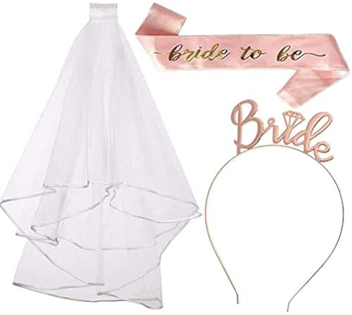Schärpe und Schleier mit Diadem, Braut-Stirnband für Brautparty, Roségold, Hochzeitsdekoration, Junggesellinnenabschied, Dekoration, Partyspiele, 3 Stück