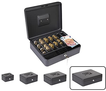 Arregui Elegant Cash C9644-EUR Caja Caudales con Llave para Contar y Transportar Dinero, Caja de Seguridad de acero con bandeja organizador de Monedas, Caja fuerte portatil, Negro, 30 cm de ancho