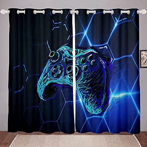 LKCD Verdunkelungsvorhang Mit Ösen - Blue Game Joystick Wabendekoration 200X214Cm 2 Stück Großer Vorhang Für Das Wohnzimmer, Raumteiler, Gardinen, Blickdichter Vorhang