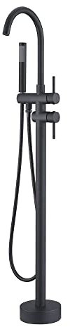 Huin Robinet de baignoire autoportant Remplisseur de baignoire cascade monté au sol Mitigeur de douche à main noir mat