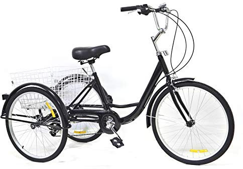 TIXBYGO 24 Zoll Zahnräder Dreirad für Erwachsene,8-Gang Erwachsenen Dreirad,3-Rad Fahrrad mit Einkaufskorb mit Lampe,Dreirad für Erwachsene Geschenk für Eltern Schwarz