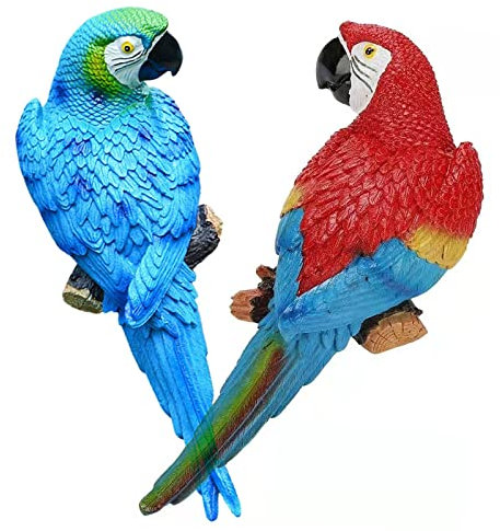 XKFLAUHM 2 Stück helle Harz-Papageien-Tiki-Statuen, Bar-Dekorationen, realistische tropische Garten-Papageien-Skulptur für Heimdekoration, Outdoor, Terrasse, Vogel, Neujahrsgeschenke (blau und rot)