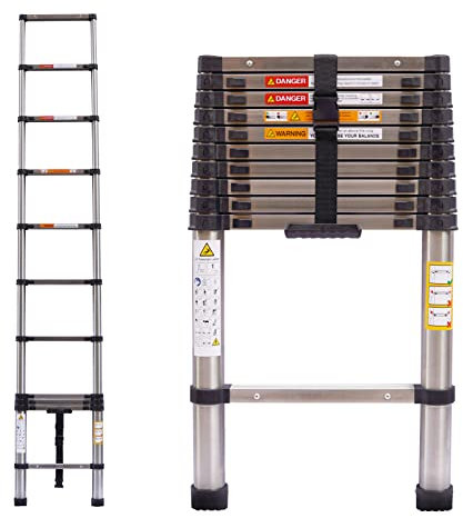 3,2m Teleskopleiter, rutschfeste Klappleiter mit Gummifüßen, Kompakte Mehrzweck-Edelstahlleiter, 150 kg Maximale Tragfähigkeit