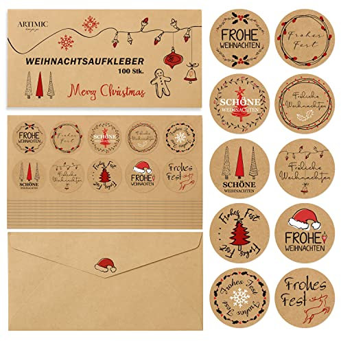 BIROYAL Aufkleber Weihnachten 100 Stk. Weihnachtsaufkleber Selbstklebend, Weihnachtssticker 10 Motive, Kraftpapier, Weihnachtsaufkleber zum Beschriften für Umschlag, Geschenktüten