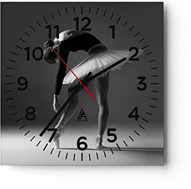 Modern Wanduhr Ballerina Figur Schwarz und Weiß 40x40cm Quadrat Groß Wand Uhr Glas Analog Zimmeruhren Küche Büro Wohnzimmer Glasuhr Wall Clock Dekoration Design Wanddekoration Küchenuhr C4AC40x40-4400