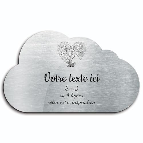 Plaque gravée funéraire motif Arbre cœur autocollante modèle nuage (20x12 cm) personnalisée 1 à 3 lignes Alu Brossé