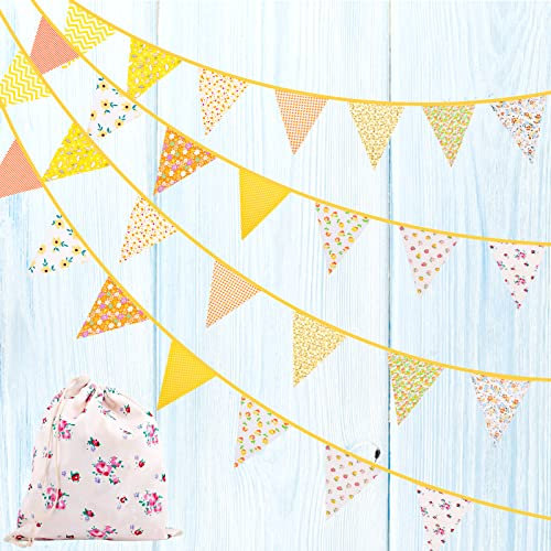 Large Fabric Bunting Banner, 39.5ft Floral Vintage Triangle Flag Garland Reusable Cotton 42pcs Floral Pennants Decoration for Garden Wedding Baby Shower Birthday Parties (Yellow)
