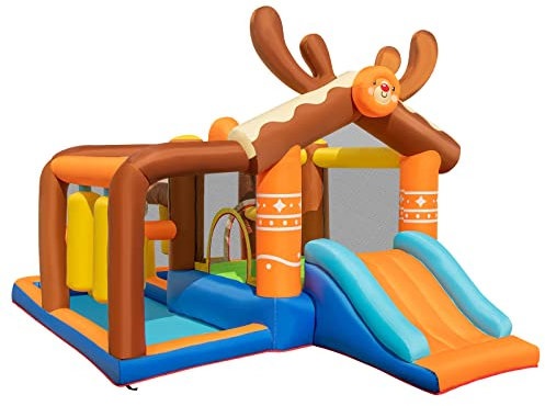GOPLUS Aublasbare Hüpfburg mit Elchform, Sprungplatz, Rutsche, Boxstangen, Pool, Wurfringe, Oxford-Stoff, Schutznetze, Erdspieße, Tragetasche, Hüpfburg für Kinder ab 3 Jahren (Hirsch, ohne Gebläse)