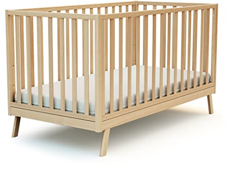 AT4 - Umwandelbares Babybett aus Holz COMFORT Buche lackiert 70 x 140 cm | 146 x 74,5 x 83 cm | Verstellbarer Lattenrost in 3 Höhen | Abnehmbare Leiter | Zum Juniorbett umbaubar
