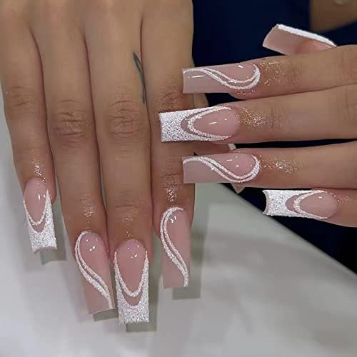 24 Stück Weiß Nägel Zum Aufkleben Lang, Coffin Glitzer French Künstliche Nägel, Ballerina Kunstnägel Press on Nails, Acryl Fingernägel Fake Nails Lang für Frauen